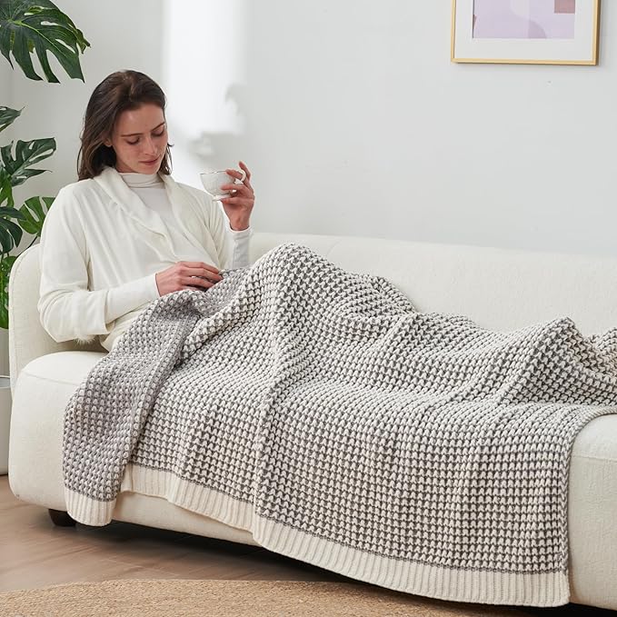Amélie Home Waffle Chenille Throw Blanket for Couch, Pineapple Stitch Knit Soft Cozy Knit Blanket Decorative Throw for Sofa, Chair, 60"x80", Grey&Ivory