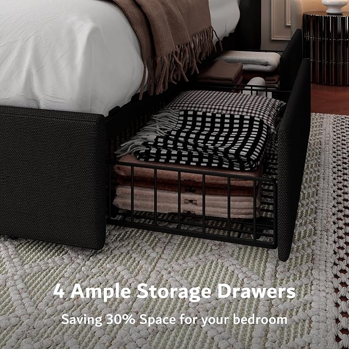 iPormis King Bed Frame with 4 Storage Drawers, Upholstered Platform Bed Frame with Type-C & USB Ports, Wingback Storage Headboard, Solid Wood Slats, No Box Spring Needed, Black