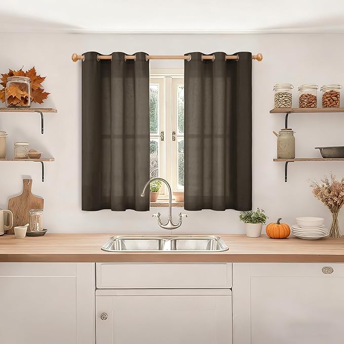 YoungsTex Brown Linen Semi Sheer Curtains 48 Inches Length, Light Filtering Small Window Drapes Privacy with Grommet for Living Room Bedroom, 2 Panels, 42 X 48 Inch