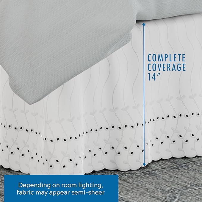 Fresh Ideas Eyelet Bed Skirt, Ruffled Design, 14 Inch Drop, Embroidered Scalloped Edge, California King, White
