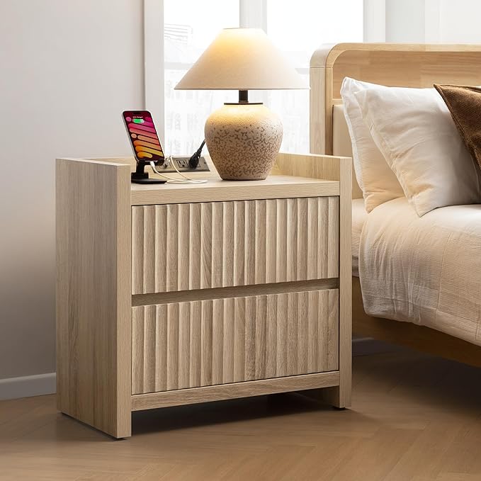 SICOTAS Night Stand Fluted Nightstands with Charging Station- Modern 2 Drawers Nightstand 25" Tall Bedside Table End Table, Large Night Stands for Bedroom, Living Room Sofa Side (Light Oak, 1 Piece)
