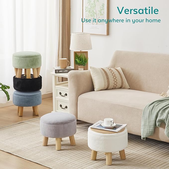FIMIVIBI Small Foot Stool Ottoman with Storage, Soft Faux Fur Ottoman Foot Rest for Couch, Round Footstool with Storage, Small Ottomans and Footstools for Living Room and Entryway (Light Green)