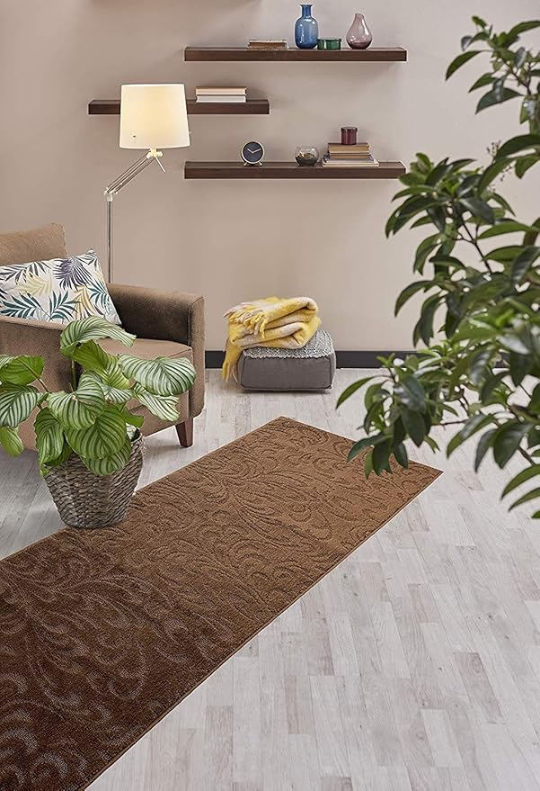 10 FT Long Non-Slip Washable Brown Carpet Runner Rug with Rubber Backing (26" X 10'), Custom Floor Mat for Kitchen Hallway Stairs Bedroom Bathroom Entryway, Your Choice of Length, Floral Pattern