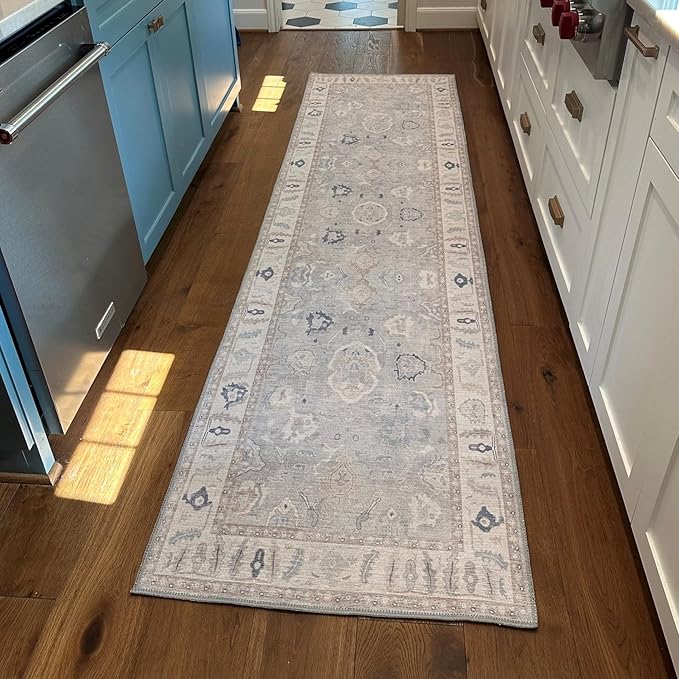 Fame Rugs Gray Modern Oushak Rug 2'6"x7', Washable Vintage Turkish Colorful Oriental Antique Inspired Foldable Small Runner Rugs, Luxury Living Room Bedroom (Gbeige, 2'6" x 7')