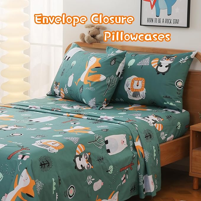 JSD Green Forest Animals Kids Sheet Set Full Size, 4 Piece Woodland Printed Microfiber Bed Sheets Deep Pocket