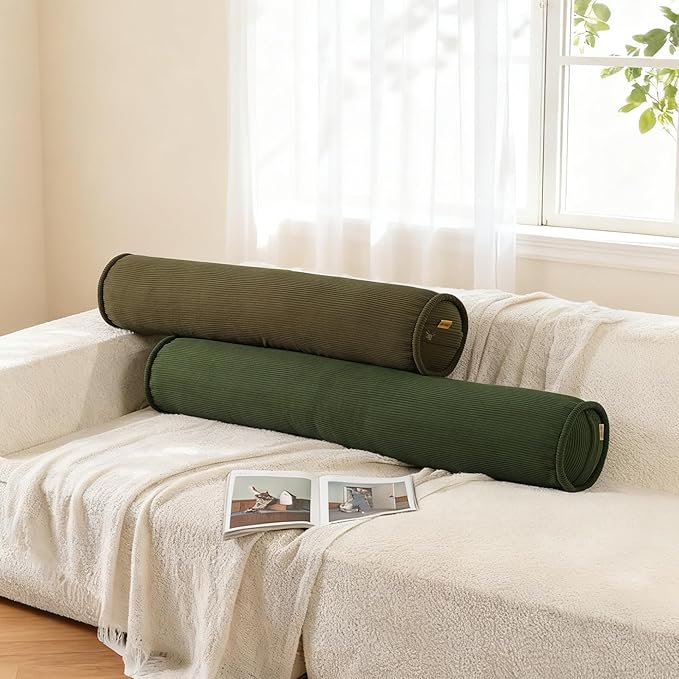 Body Pillow for Adults – Corduroy Long Round Bolster Pillow for Bed, Cuddle Pillow with Full Support for Side Sleepers & Restful Sleep,39 x 7.87 Inches,Avocado Green