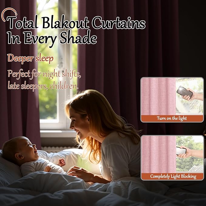 Baby Pink Linen Blackout Curtains for Nursery 45 Inch Length 2 Panels, Short Thermal Insulated Boho Total Black Out Noise Reducing Small Window Curtains for Girls Bedroom, Each 38 Inch Wide