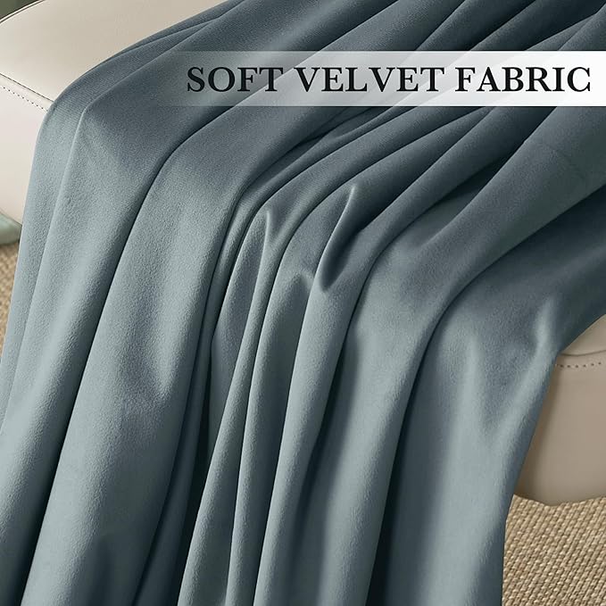 RYB HOME Dusty Blue Velvet Drapes for Baby Boy Bedroom, Thermal Insulated, Light Blocking, Floor-Length Back Tab Velvet Curtains for Modern Home Decor, 52" W x L90 L, 2 Panels Set