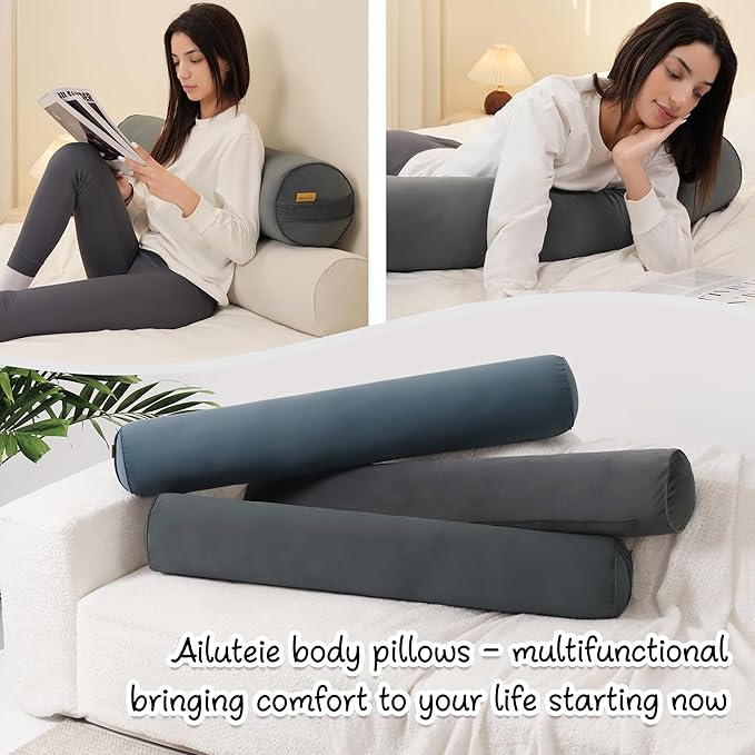 Bolster Pillow for Bed – Long Round Body Pillow for Adults, Cuddle Pillow for Sleeping, Full-Length Support,47.24 x 7.87 Inches,Charcoal Gray