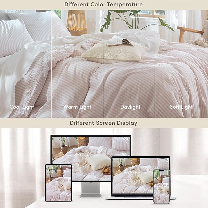 MooMee Striped Duvet Cover Set 100% Washed Cotton Linen Like Textured Breathable Durable Soft Comfy (Heathered Greyish Pink Classic Stripes, Cal King 104"x98")