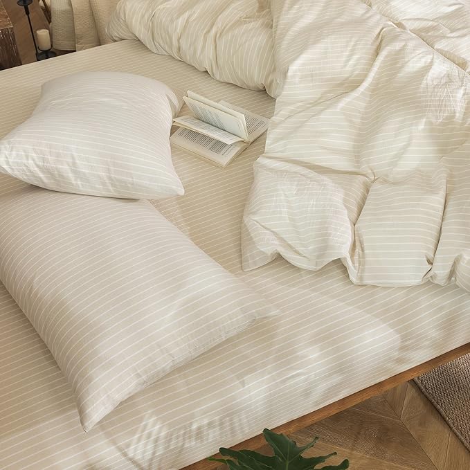 MooMee Striped Duvet Cover Set 100% Washed Cotton Linen Like Textured Breathable Durable Soft Comfy (Almond Milk Grey White Wide Stripes, Super King 108"x98")