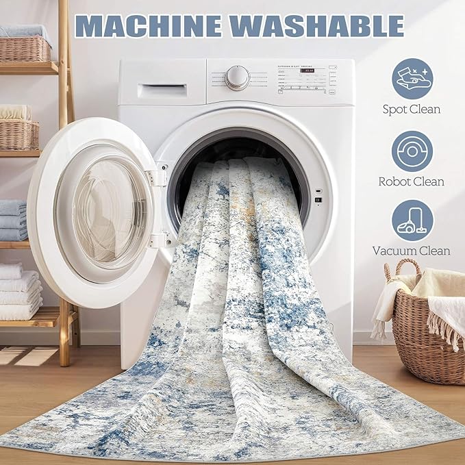 Area Rug Living Room Rugs - 5x8 Abstract Large Soft Indoor Washable Rug Neutral Modern Low Pile Carpet for Bedroom Dining Room Farmhouse Home Office - Blue