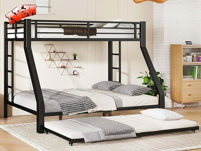 SIGONE Stronger & Safer Heavy Duty Twin XL Over Queen Bunk Bed with Twin Trundle for Adults Teens, Thickened More Stable Metal Bunkbed Frame (Greater Weight Capacity)
