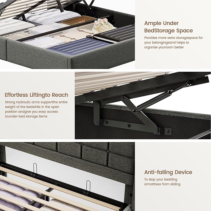 Lift Up Full Size Bed Frame with Storage, Upholstered Full Bed Frame with LED Lights Headboard and Charging Station, No Box Spring Needed, Easy Assembly - Dark Grey