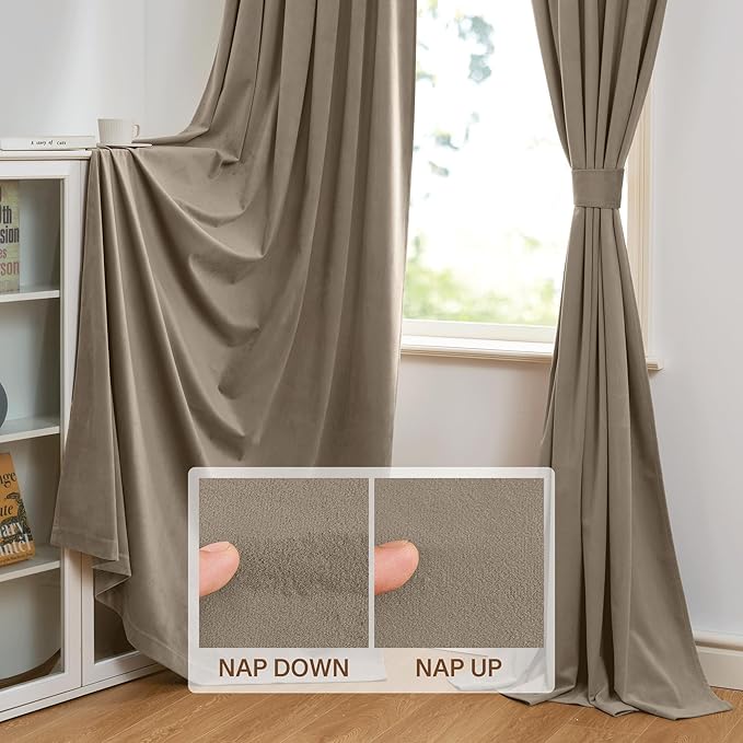StangH Camel Beige Velvet Bedroom Curtains - Room Darkening Decorative Window Curtains 96 inches Heavy Duty Summer Heat Blocking Drapes for Hotel/Farmhouse, W52 x L96, 2 Panels