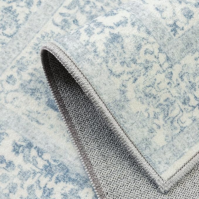 Blue Area Rug 10x14 Machine Washable Large Vintage Living Room Distressed Non Slip Carpet Traditional Indoor Bedroom Grey Retro Floral Accent Throw Rug for Office Kitchen Dining Room
