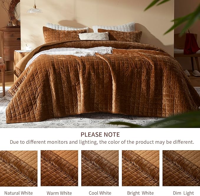 LEAONME Velvet Quilt Full/Queen Size-90''x98'', Lightweight Caramel Velvet Comforter Set with 2 Pillow Shams, Soft Bedspread Coverlet Quilted Bedding Set for All Season