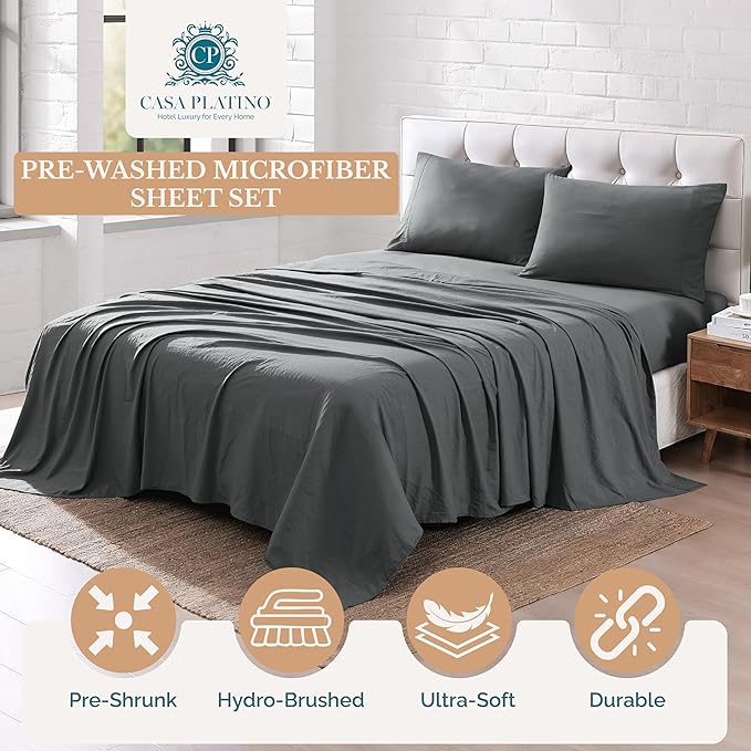 Casa Platino Queen Size Bed Sheets, Pre-Washed Microfiber Sheet Set, Ultra Soft & Cooling Bed Sheets with Deep Pockets up to 15", Cozy Hotel Quality Bedding for Queen Mattress – Charcoal