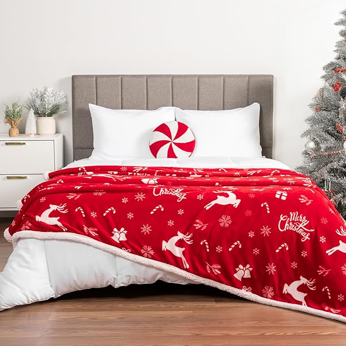 PAVILIA Red Reindeer Christmas Sherpa Throw Blanket, Ultra Soft Reversible Fleece Sherpa 50x60 Winter Blanket for Couch & Bed, Cozy Christmas Home Decor Holiday