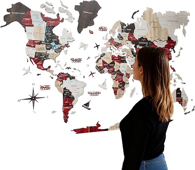 Handmade 3D Wood World Map Wall Art Large Wall Decor Track Your World Travels - Special for Home, Kitchen and Office (Large, Urban)