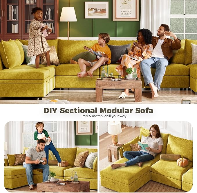 ABCASA Oversized Loveseat Sofa, Modern Modular Sectional Couch Yellow Fluffy Chenille Mid Century 2-Seat 24.5" Deep Seat for Apartment, Living Room, Bedroom