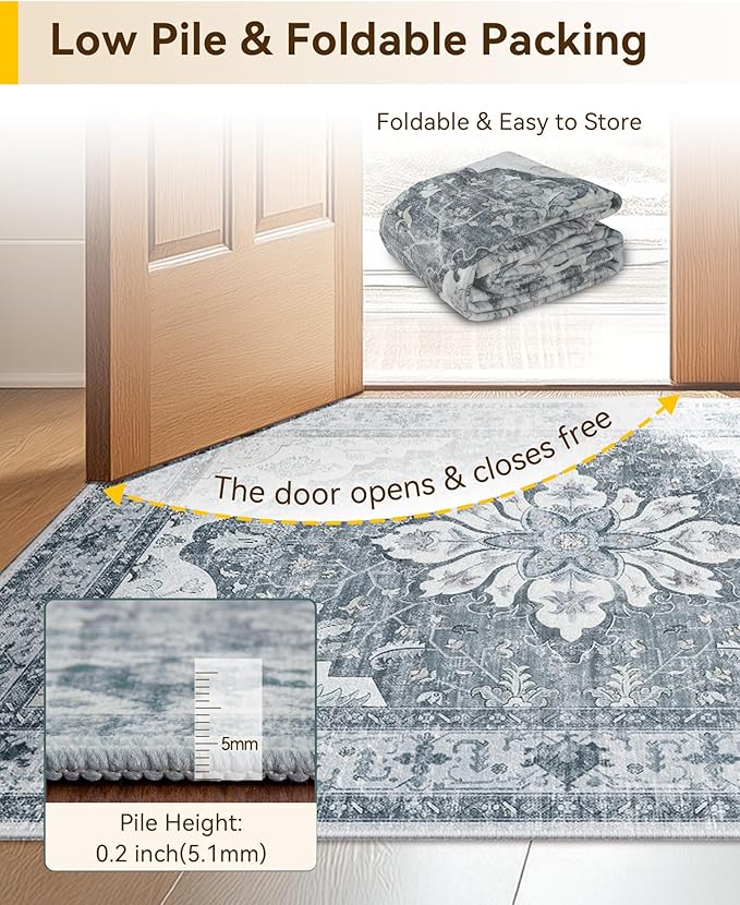Area Rugs 2'x10' Washable Non-Slip, Floral Vintage Distress Print Pattern Medallion Carpet for Living Room Bedroom Dining Room, Light Gray Grey White