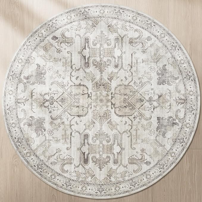 jinchan Round Rug 5ft Area Rug Indoor Vintage Floral Circle 5' Washable Ultra-Thin Low Pile Soft Small Non Slip Distressed Print for Living Room Dining Room Bedroom Entryway Taupe