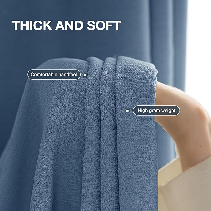 100% Blackout Curtains 96 inch Length 2 Panels for Living Room, Linen-Look Textured Room Darkening Thermal Insulated Soundproof Farmhouse Drapes for Bedroom (W52xL96, Blue)