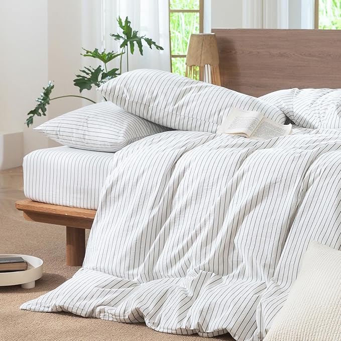 MooMee Striped Duvet Cover Set 100% Washed Cotton Linen Like Textured Breathable Durable Soft Comfy (White Heathered Green Wide Stripes, King 104"x90")