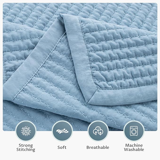 KASENTEX Queen XL Quilt Set 98"x98" – Soft Washed 3-Layer Lightweight Bedspread, Minimalist Nordic Design, All-Season Spring & Summer Quilt Set (1 Quilt + 2 Pillow Shams), Blue