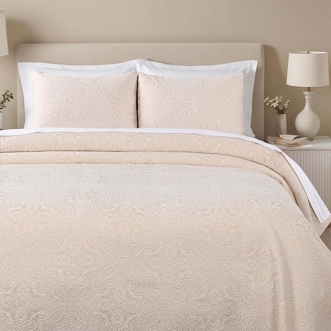 Superior 3 Piece Bedspread Set, Home Bed Decor, Decorative Bed Spread, 2 Pillow Shams, Medium Weight Blanket, Floral Matelasse Coverlet, Bedding Essentials, Enzy Collection, Queen, Ivory