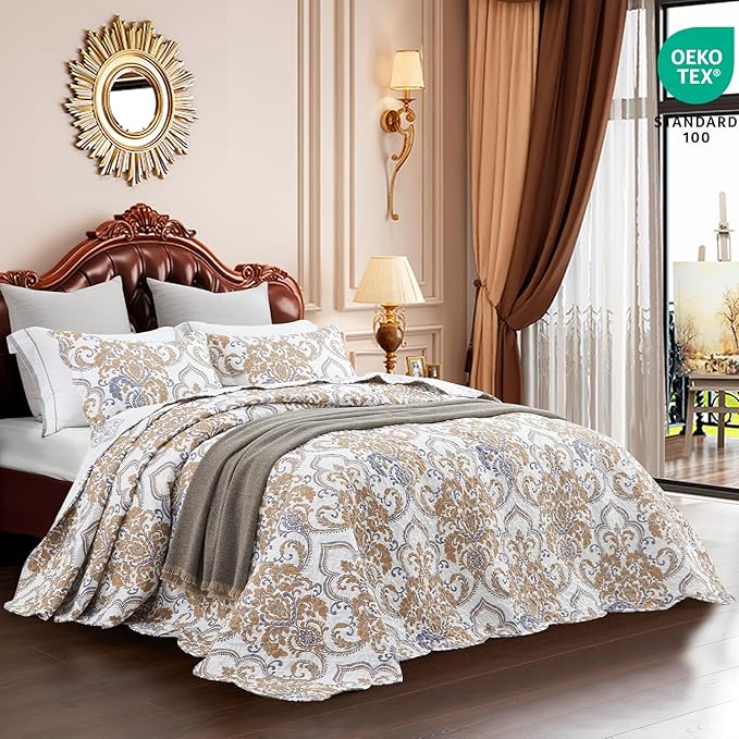 CHIXIN Oversized King Bedspread 128x120 Extra Wide - European Damask Paisley Pattern - Classic & Gorgeous Bedding Cover, Lightweight, Ultra Soft, 5 Piece, 100% Microfiber, White/Khaki/Grey