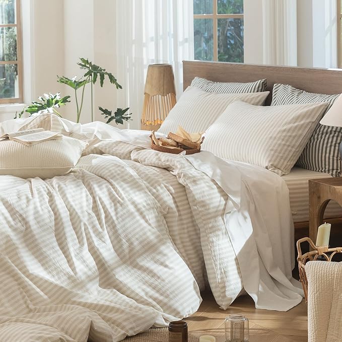 MooMee Striped Duvet Cover Set 100% Washed Cotton Linen Like Textured Breathable Durable Soft Comfy (Almond Milk Grey Classic Stripes, Alaska King 132"x120")