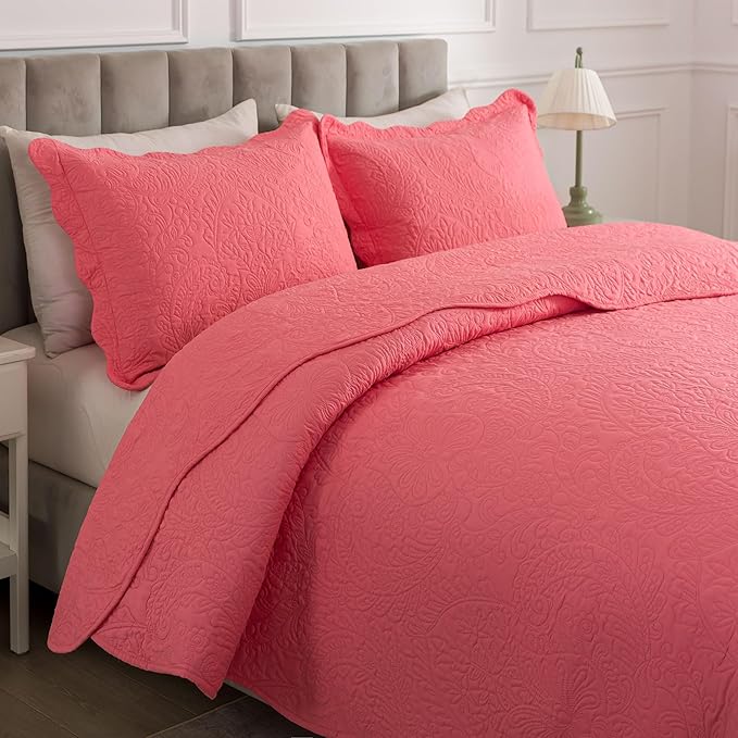 HoneiLife Queen Quilt Bedding Set - Microfiber Quilt Sets for Queen Bed, 3-Piece Lightweight Bedspreads,Reversible Coverlets Rustic Bedlinen Sets, Floral Bedding Set All Season Quilts-Sugar Coral