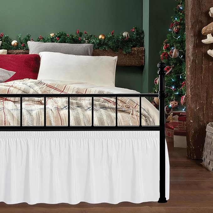Biscaynebay Wrap Around Bed Skirts with Split Corners for Queen Beds 15" Drop, White Adjustable Elastic Dust Ruffles Easy Fit Wrinkle Resistant Silky Luxurious Fabric Machine Washable