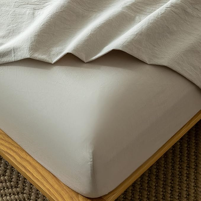 MooMee Fitted Bottom Sheet Only 100% Washed Cotton Linen Like Textured Breathable Durable Soft Comfy Deep Pocket Fits Mattress up to 17" (Cream Grey, California King)