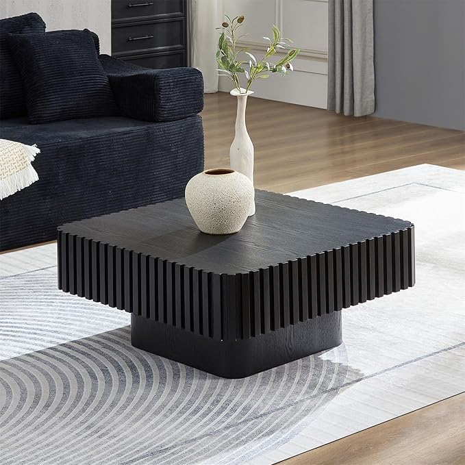 LKTART Square Coffee Table for Living Room, Accent Fluted Coffee Table with Storage, Modern Solid Wood Veneered Large Center Tea Table for Small Space Apartment (31.5''D×14''H-Black)