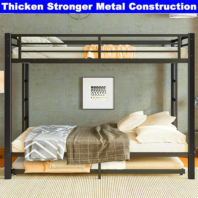 Upgraded Version Thicken Heavy Duty Metal Queen Bunk Bed with Twin Size Trundle, Modern Style Stronger Bunk Bed Frame for Adults, Easy Assembly (Queen Over Queen)