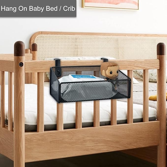 MATIMASU Bedside Caddy Hanging Storage Basket Beside Shelf Metal Organizer for Collage Dorm Bunk Bed,Hospital Bed,Baby Bed - Bedroom Essentials for Magazine,Remote Control,Phone,Drinks (Black)