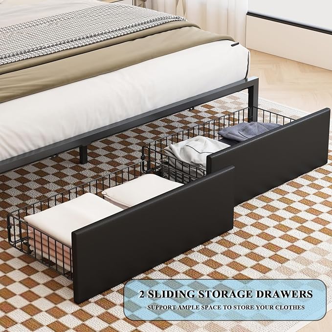 LED Bed Frame King Size with Bookshelf PU Leather Headboard, 2 Hidden Storage Drawers, Upholstered Platform Bed with Charging Station, Metal Slats Support, Noise Free, No Box Spring Needed
