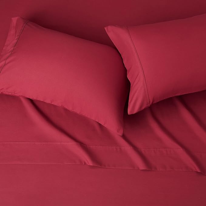 Amazon Basics Lightweight Super Soft Easy Care Microfiber 4 Piece Bed Sheet Set with 14-Inch Deep Pockets, Comfortable Queen, Burgundy, Solid