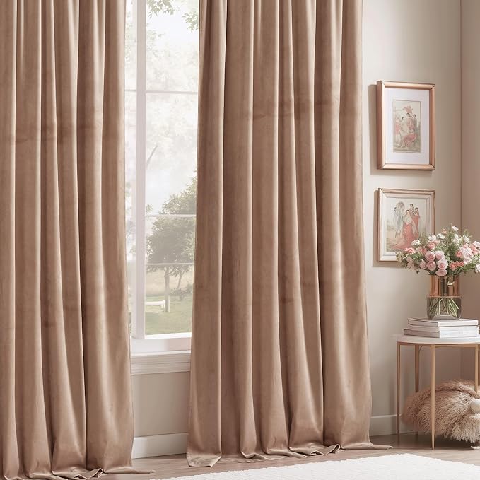 StangH Blush Beige Velvet Curtains for Nursery Girls Bedroom, Elegant Rod Pocket Light Dimming Privacy Window Drapes for Sliding Patio Door Living Room, W52 x L90, 2 Panels
