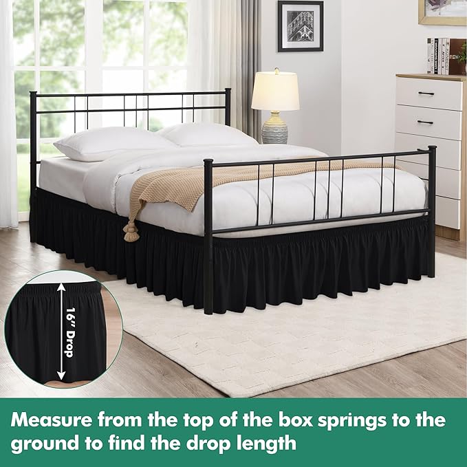 Biscaynebay Wrap Around Bed Skirts with Split Corners for King Beds 16" Drop, Black Elastic Dust Ruffles Adjustable Easy Fit Wrinkle & Fade Resistant Silky Luxurious Fabric Machine Washable