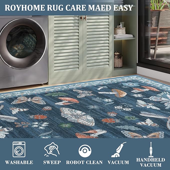 Mushroom Small Rug 2x3 Washable Door Mat Indoor Rugs for Entryway Non-Slip Soft Ultra-Thin Stain Resistant Foldable Rugs Kitchen Bedroom Living Room Blue