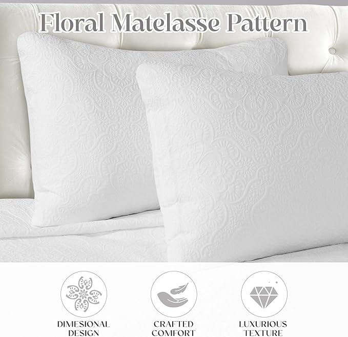 Superior 3 Piece Bedspread Set, Home Bed Decor, Decorative Bed Spread, 2 Pillow Shams, Medium Weight Blanket, Floral Matelasse Coverlet, Bedding Essentials, Enzy Collection, California King, White