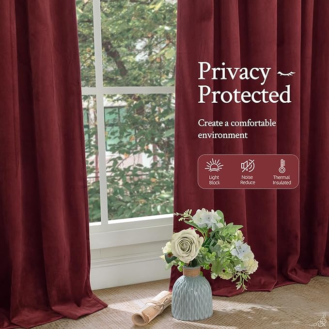 LAMIT Velvet Curtains 90 Inch for Theater, Burgundy Red Thermal Insulated Blackout Curtains for Living Room Darkening Back Tab and Rod Pocket Christmas Panels for Bedroom, 2 Panels, 52 x 90 Inch