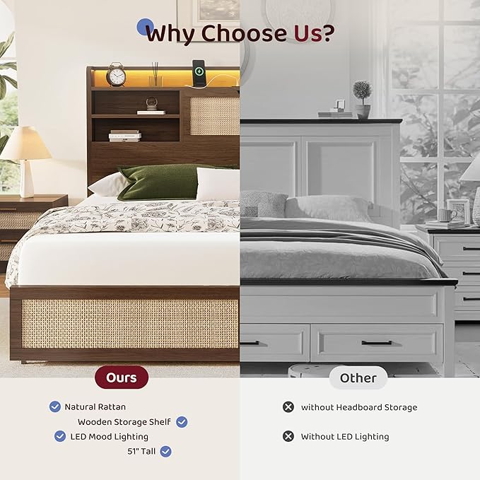 King Size Rattan Bed Frame with 4 Storage Drawers and Hidden Storage Headboard Wooden Platform Bed Frame with LED Lights and Charging Station, No Box Spring Needed, Easy Assembly, Brown