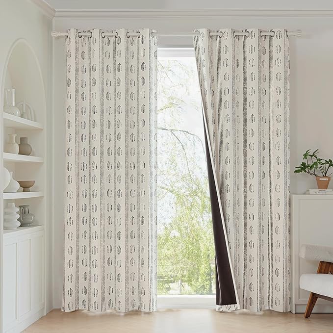 100% Boho Blackout Curtains 90 Inches Long for Bedroom, Black on Beige Patterned Bohemian Curtains for Living Room, Geometric Striped Thermal Insulated Window Drapes Gromment Top 2 Panels