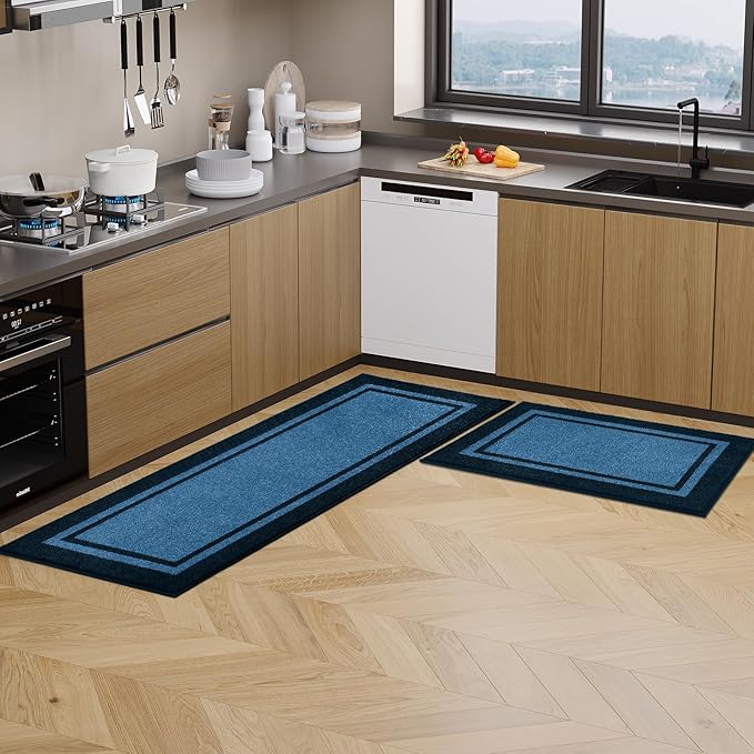 Kitchen Rugs 24" x 36", Non-Slip Machine Washable Kitchen Runner Rugs Floor Mats, Absorbent Comfort Standing Mats for Kitchen, Sink, Laundry and Hallway, Light Blue & Navy