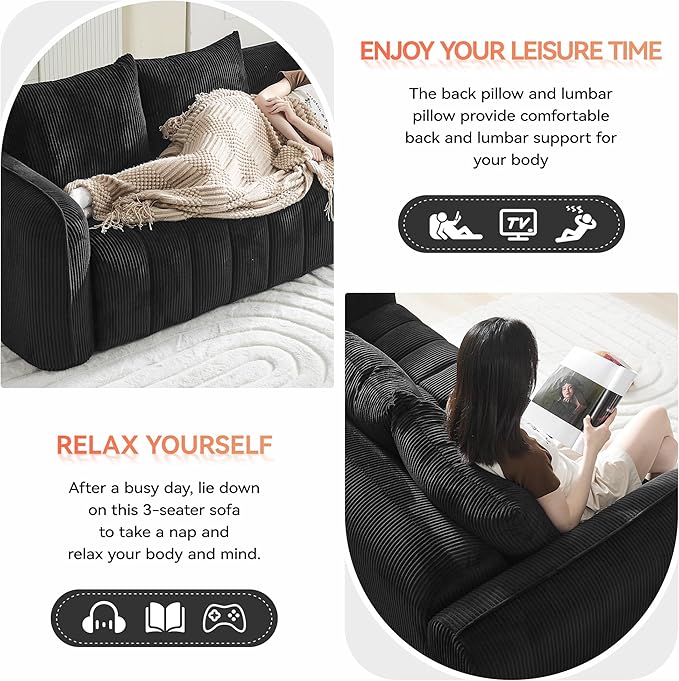 Corduroy Boneless Living Room Sets, Modern Upholstered 3 Seater Sofa with 2 Signle Accent Chairs, Comfy Deep Seat Cloud Sofa Couch Sets for Living Room, Black